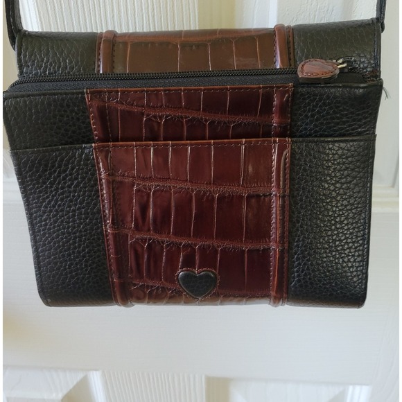 Brighton Pebbled Leather  Faux Alligator Black Brown Crossbody Bag Wallet - Picture 3 of 15